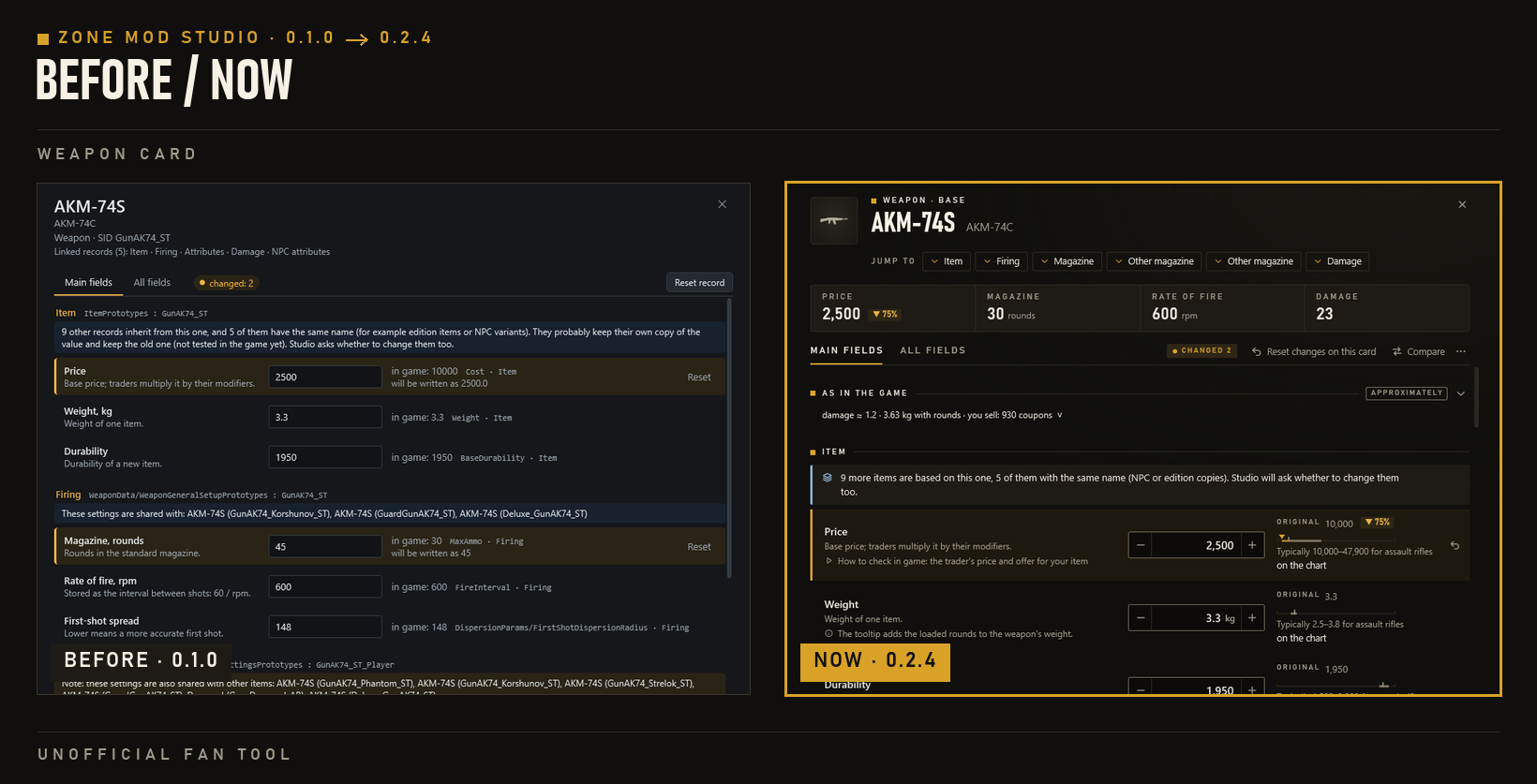 The weapon card before and now: in 0.1.0 small text, technical names and plain input boxes; in 0.2.3 large titles, number boxes with − and +, the original value with the typical range, and gold marks on changes.