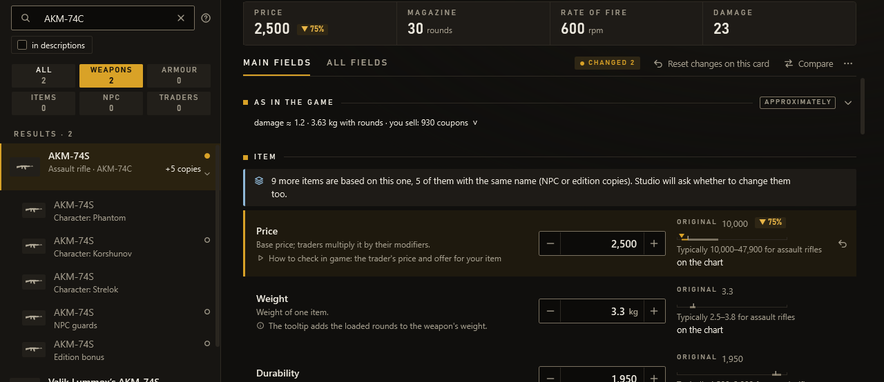 Search results for the AKM-74S: the main record with its 5 copies unfolded (Phantom, Korshunov, Strelok, NPC guards, edition bonus) and the open weapon card.