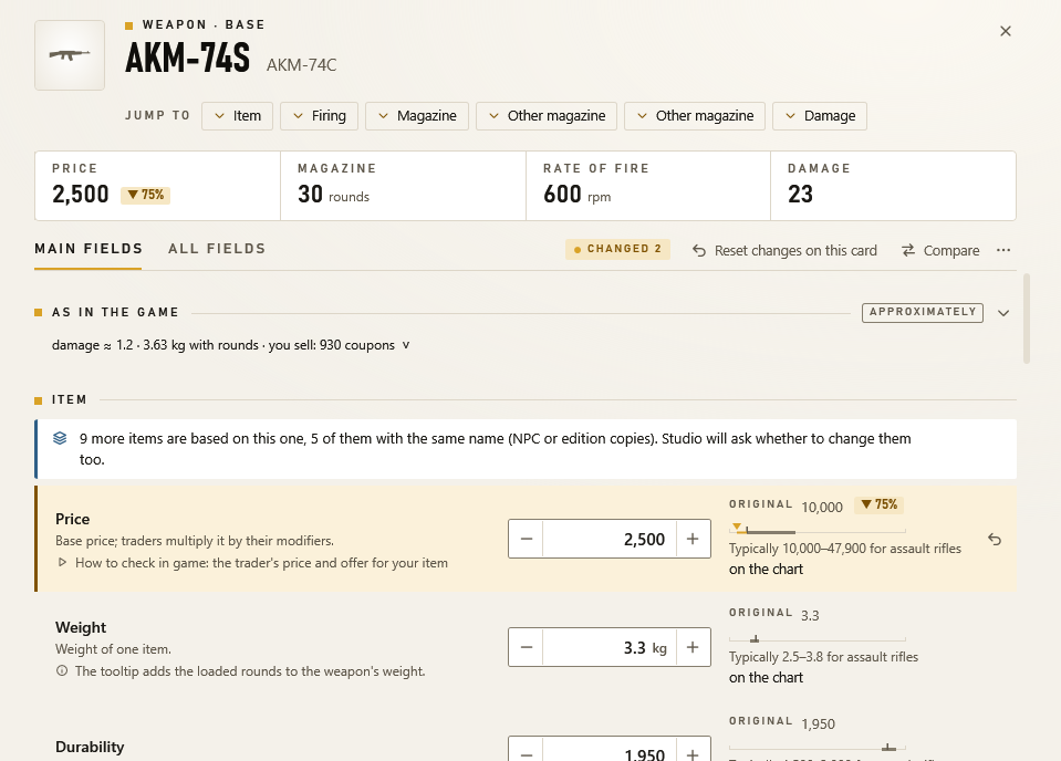 The AKM-74S card in the light theme: price, weight and durability with the game values and the typical ranges.
