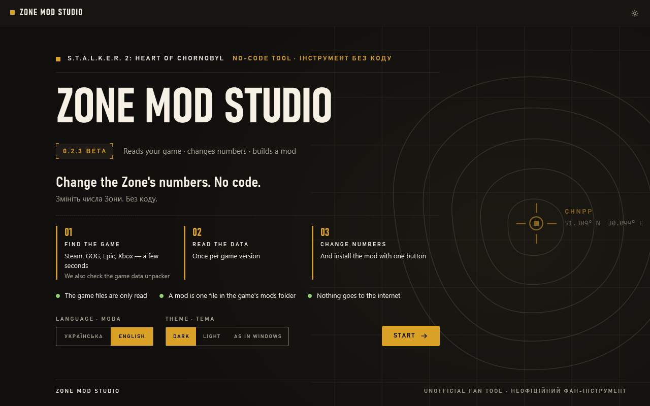 The Zone Mod Studio welcome screen: the title, the 0.2.2 beta badge, three steps (find the game, read the data, change numbers), the language and theme switches and the Start button.