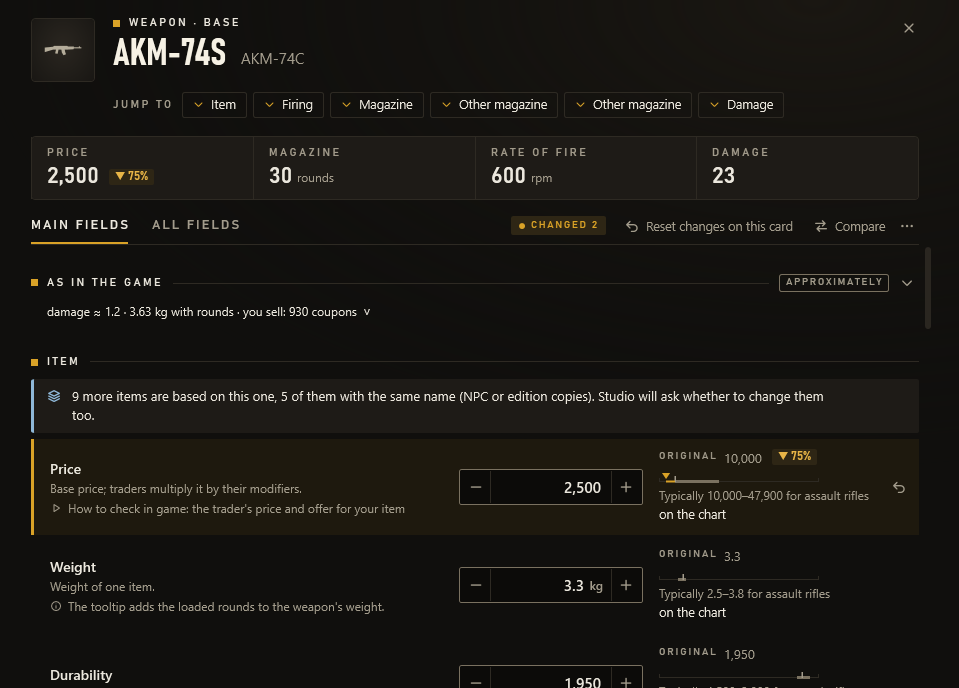 The AKM-74S assault rifle card in Zone Mod Studio: price, weight and durability with − and + buttons, the game value next to each and the typical range for assault rifles.